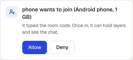 The laptop's card for a device that typed the code, with Allow and Deny