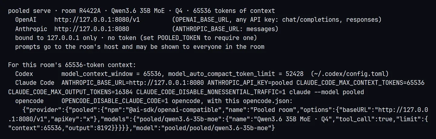 The pooled serve banner for a 65536-token room with Qwen3.6 35B MoE, with settings for Codex, Claude Code and opencode