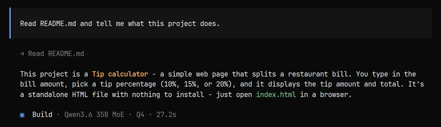 opencode reads README.md and says the project is a tip calculator web page