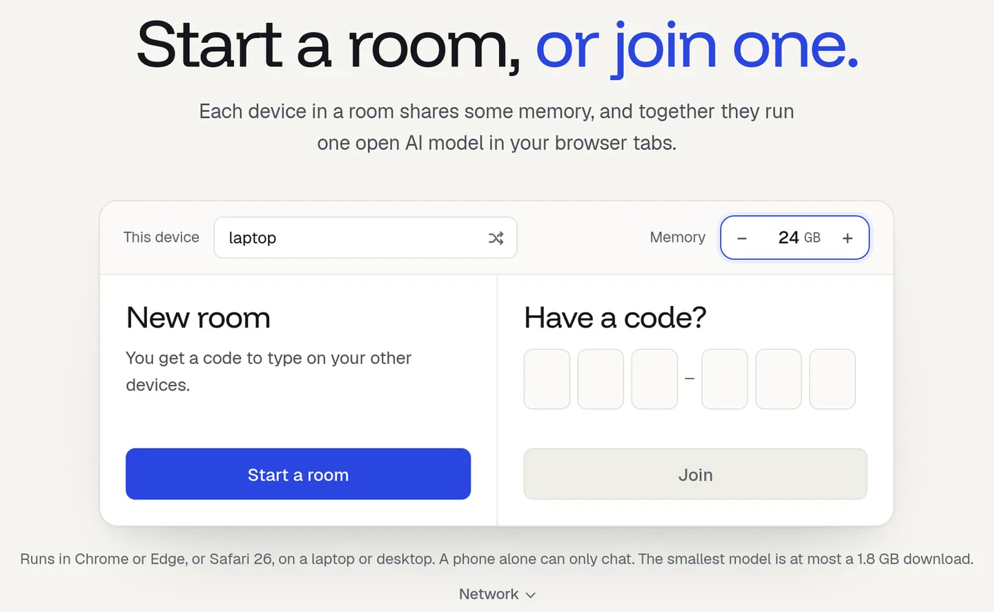 The start screen: a name for this device, how much memory it gives, and the Start a room button