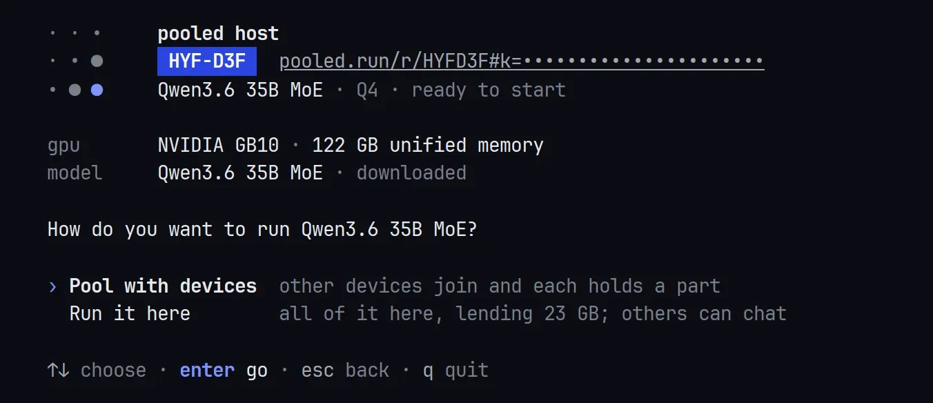 How do you want to run Qwen3.6 35B MoE? Pool with devices selected, Run it here lending 23 GB